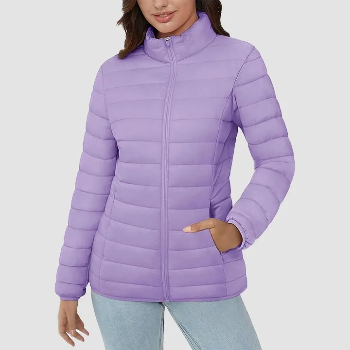 Women's  Lightweight Puffer Jacket Stand Collar Full Zip Quilted Lined Winter Coat