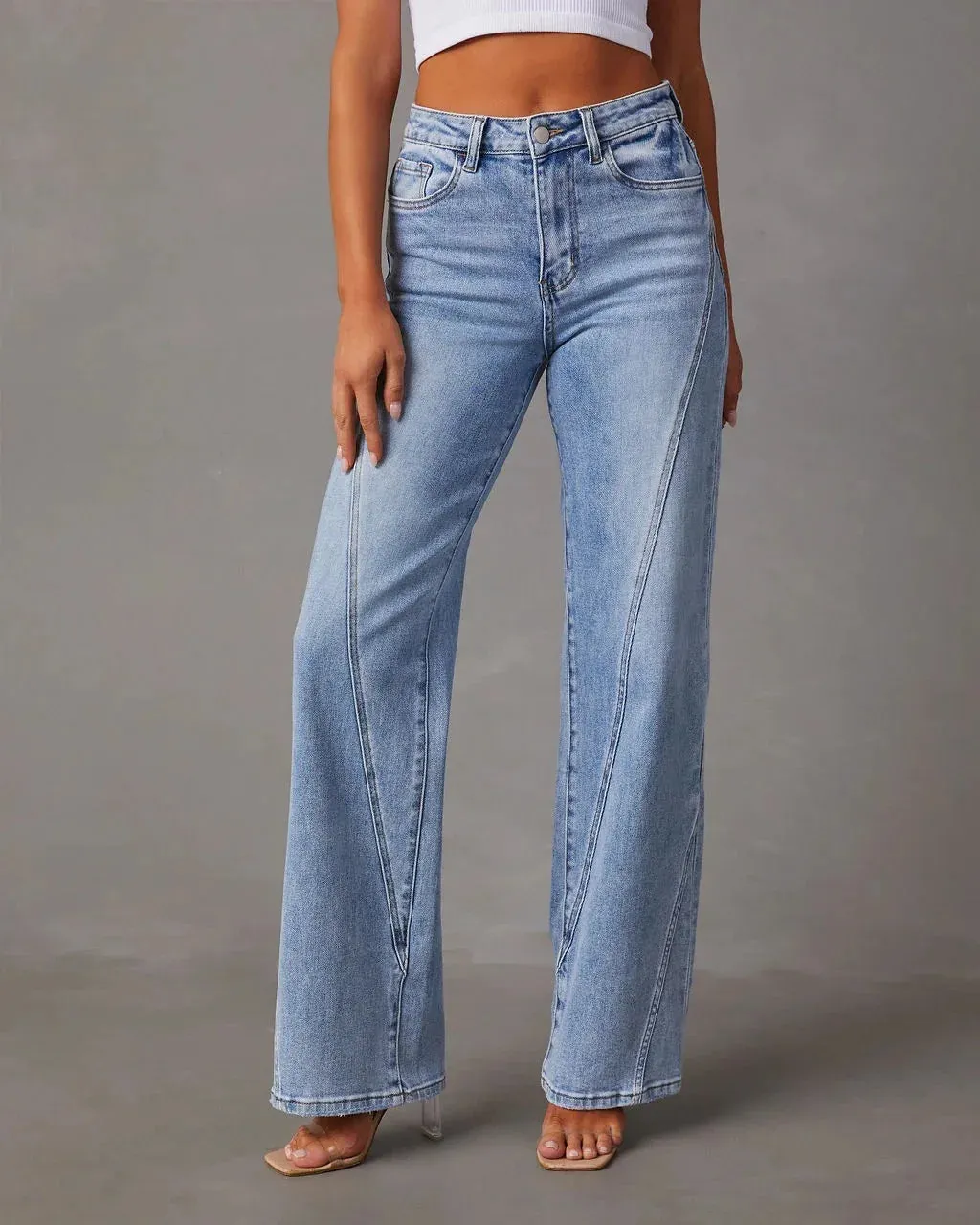 Women's Vintage Blue Jeans - High Waist Wide-Leg Streetwear with Button Fly and Pockets