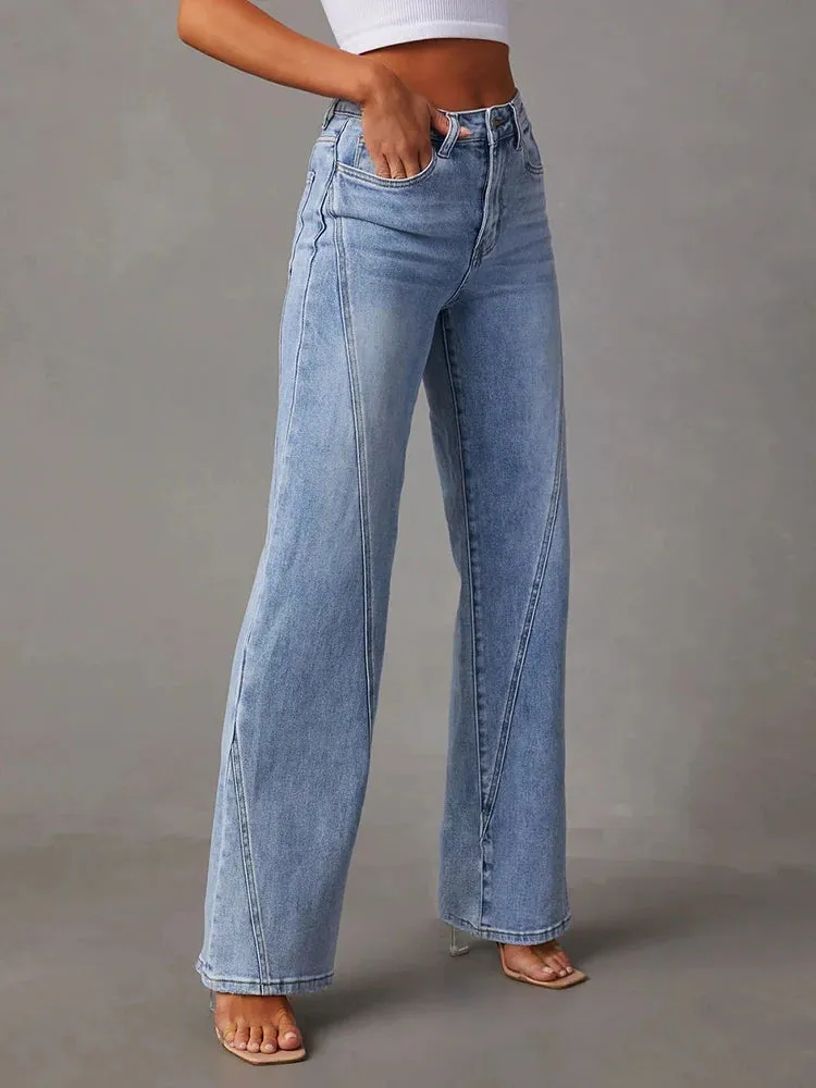Women's Vintage Blue Jeans - High Waist Wide-Leg Streetwear with Button Fly and Pockets