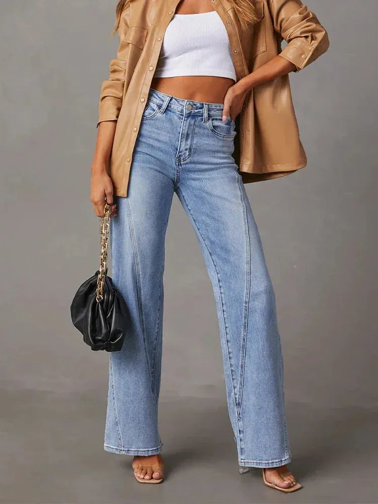 Women's Vintage Blue Jeans - High Waist Wide-Leg Streetwear with Button Fly and Pockets