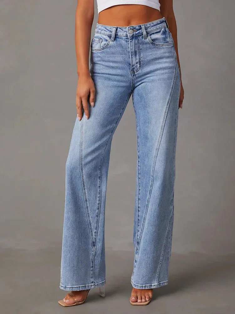 Women's Vintage Blue Jeans - High Waist Wide-Leg Streetwear with Button Fly and Pockets