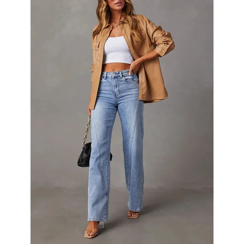 Women's Vintage Blue Jeans - High Waist Wide-Leg Streetwear with Button Fly and Pockets