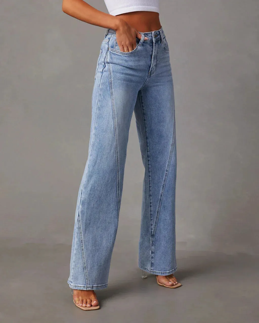 Women's Vintage Blue Jeans - High Waist Wide-Leg Streetwear with Button Fly and Pockets