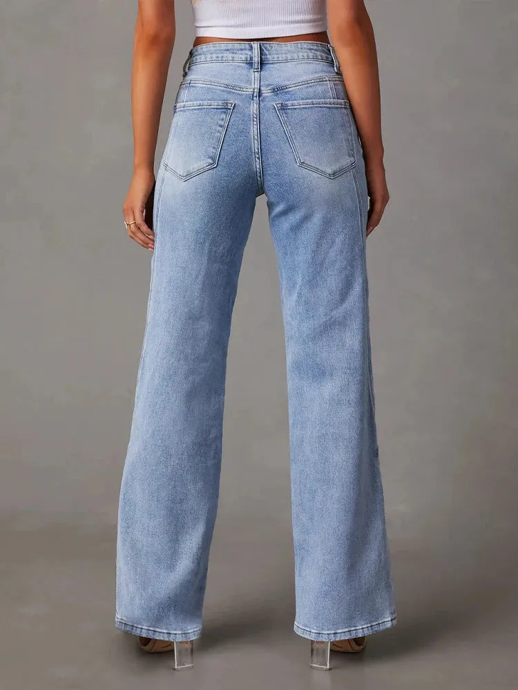 Women's Vintage Blue Jeans - High Waist Wide-Leg Streetwear with Button Fly and Pockets